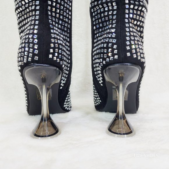 Glamour Shot Mirror Rhinestone Tinted 4" Pyramid Heel Knee High Boots Black - Picture 9 of 10